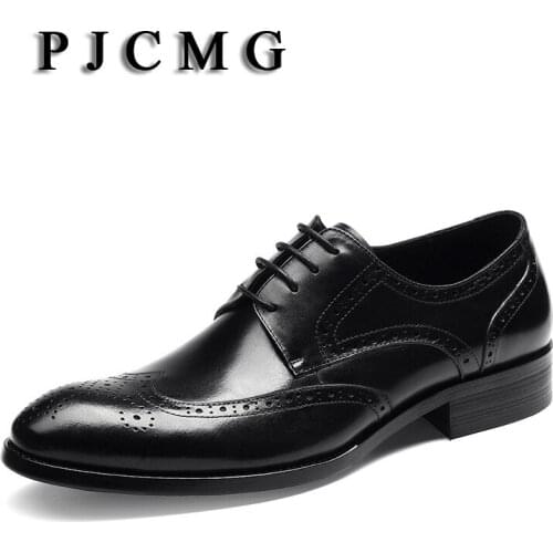 PJCMG Fashion Spring/Autumn Black/Red Oxfords Mens Dress Lace-Up Pointed Toe Genuine Leather Wedding Mens Business Office Shoes