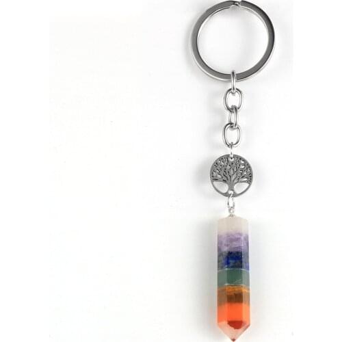 Natural Stone 7 Chakras Quartz Hexagonal Cone Keychain Arrow Tree of Life Buddha Keyring Key Chain Healing Reiki Yoga Jewelry