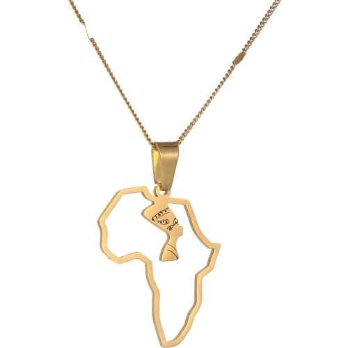 Stainless Steel Africa Map Egyptian Queen Nefertiti Pendant Necklaces Women Men Jewelry Gold Color Wholesale Jewellery African