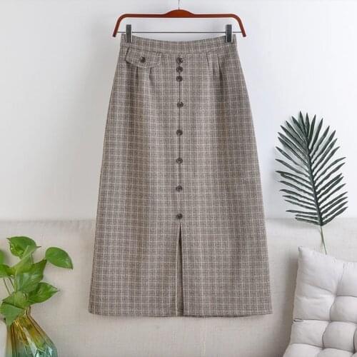 2020 New High Waist Zipper Slimming Mid-Length Single-Breasted Plaid Skirt Winter Female Fashion Elegant Workwear Jupe y635