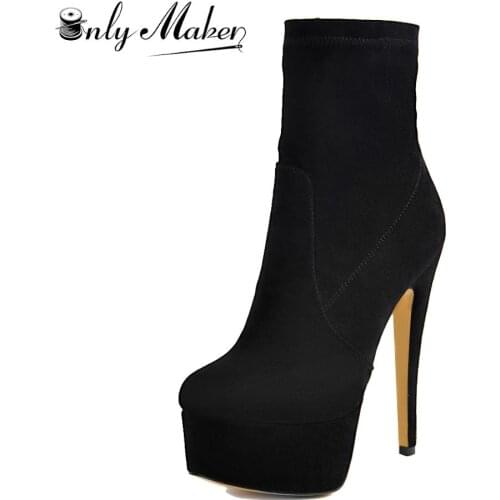 Onlymaker Ankle Boots Lycra Stretch Platform Stiletto High Heel Black Booties Zipper Woman Shoes Plus Size US5~US15