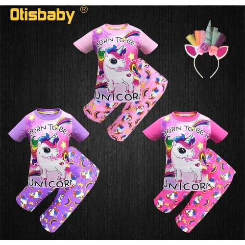 Girls Unicorn Pajamas Sets 100% Cotton Nightwear Summer Short Sleeve Pyjamas Pink Christmas Rainbow Nightclothes Pony Sleepwear