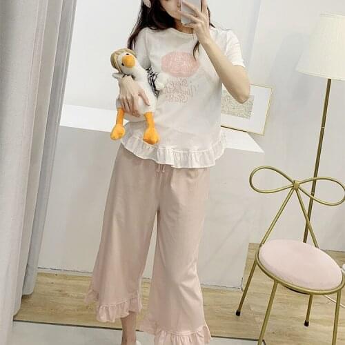 2020 Casual Pajamas Womens Suit Lively and Cute Ruffled Short-sleeved Sweet Homewear Two-piece Loose Cotton Comfortable Pajamas