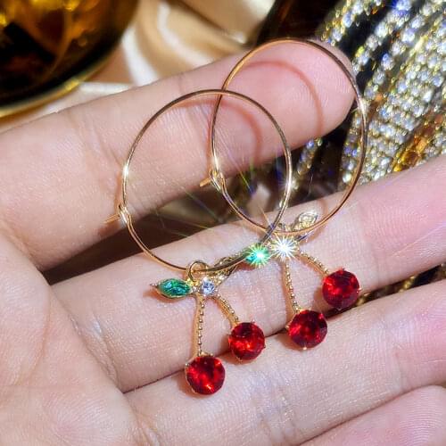 BYNOUCK New Cherry Heart Oval Crystal Hoop Earrings Fashion Gold Color Fruit Metal Earrings Student Girl Birthday Party Jewelry