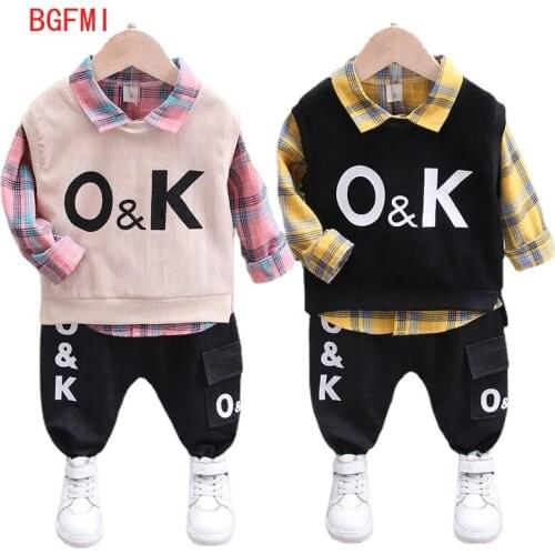 Boys Sports Casual Autumn 3 Pcs Suit 0-4 Yrs Old Wear Long-sleeved Plaid Shirt + Vest + Pants Sets Baby Childrens Clothing Set