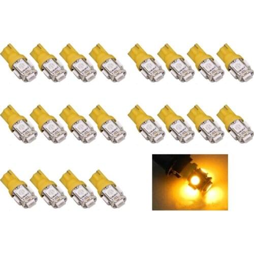 20Pcs Yellow T10 W5W 5050 5SMD 168 194 192 DC 12V License Plate Led Bulbs For Car Interior Lights Reading Light Trunk Light Bulb