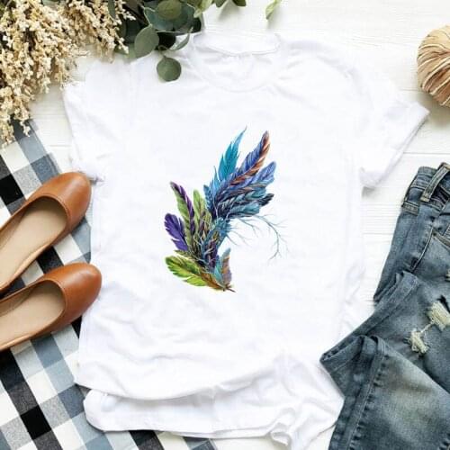 T-shirts Women 90s Clothing Casual Ladies Cute feather Printing Fashion Clothes Graphic Tshirt Top Lady Print Female Tee T-Shirt