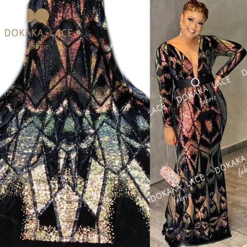 Unique Design African Sequins Velvet Lace Fabrics 2020 New Nigeria Embroidered Sequined Velvet Lace Wedding Party Dress Material