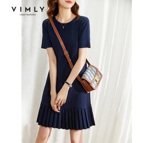 VIMLY Knitting Dress for Women 2021 Summer O-neck Slim Waist Elegant Pleated Knitted A-line Mini Dresses Female Vestifos F8207