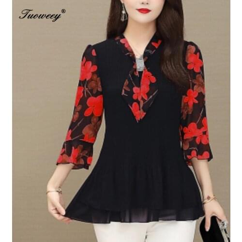 Summer autumn style Women Chiffon Blouse Shirts Casual button Loose elegant bow collar 3/4 Sleeve Floral Print Tops blusas