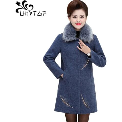 UHYTGF 4XL plus size jacket women fashion fur collar thick warm Winter wool coat female elegant mother loose plus size coat 1284