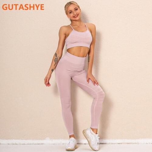 High Waist Women Gym Leggings Seamless Yoga Set Fitness Clothing Sportswear Tights Padded Push-Up Sports Bra 2 Pcs Suits