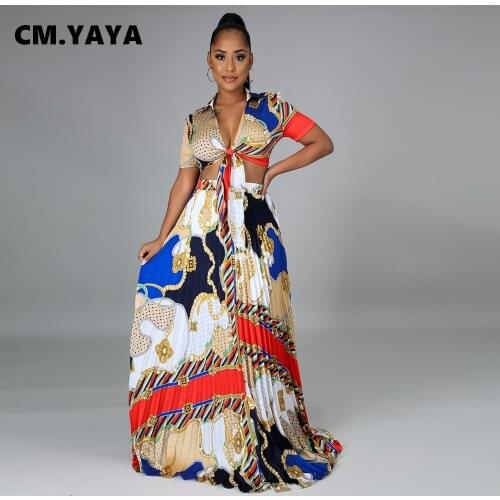 CM.YAYA Women Set Print Short Sleeve Turn-down Collar Tops Long Pleated Skirts Two 2 Piece Set Office Lady Fashion Outfit Summer