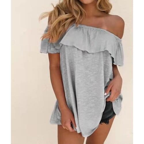 Women One-Line Collar Top Short Sleeve T-Shirt Fashion Summer Oversize Ladies Casual Loose Tee Plus Size Ruffle Female Clothing