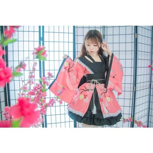 Shanghai Story Cotton Flower Printing Lace Edge Kimono Yukata Maid Dress Meidofuku Uniform Outfit Anime Cosplay Costumes