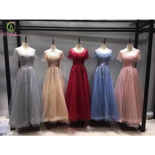 SSYFashion New Evening Dress for Women Real Picture Scoop Neck Sequins Beading A-line Glittering Long Prom Formal Gown Vestidos