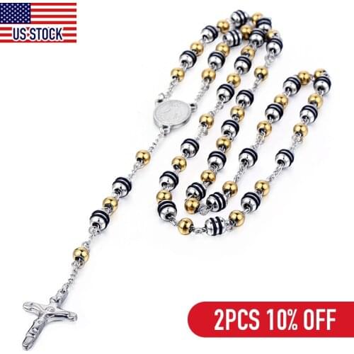 6mm Gold Silver Color Stainless Bead Chain Jesus Christ Cross Pendant Rosary Necklace for Men Women Jewelry Wholesale DKN439