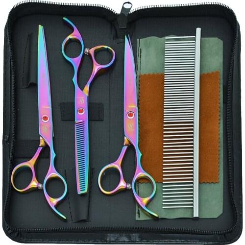 7.0" Japan Steel Pet Grooming Scissors Set Colorful Dog Shears Big Straight&Thinning&Curved Scissor Pet Clipper Suppliers B0017A
