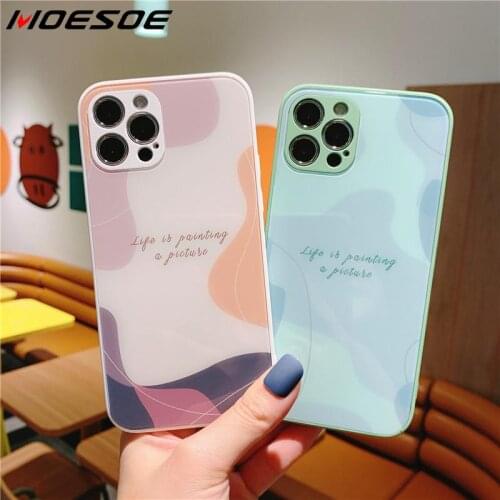 Tempered Glass Case For Coque iPhone 12 11 Pro Max SE 2020 X XR XS 7 8 Plus Colorful Painted Suqare Phone Back Cover Cases