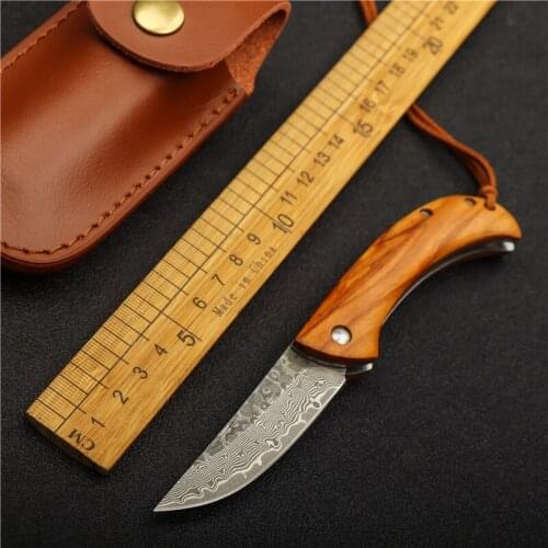 Damascus non locking folding knife wooden handle outdoor camping portable hunting knife EDC survival tactical self-defense tool