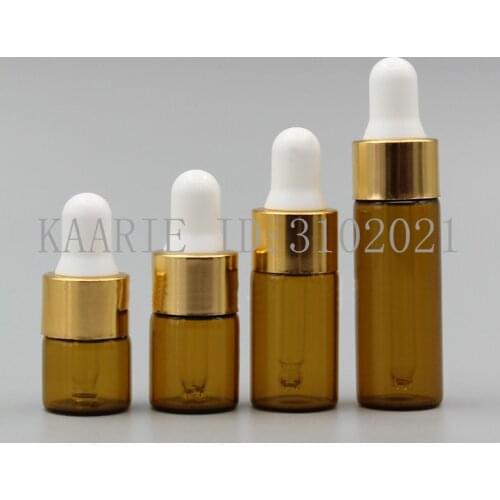 50/100/200pcs 1ml 2ml 3ml 5ml Perfume Essential Oil Bottles brown Glass Dropper Bottle Jars gold ring white head sample bottle