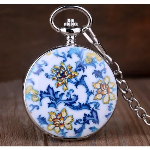 Hot Sale Blue and White Porcelain Flower Pocket Watches Roman Number Steampunk Mechanical Pocket Watches Men Women Fob Chain