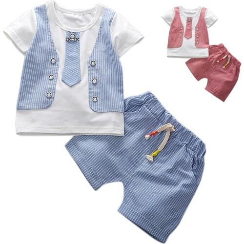 Gentleman Baby Boy Clothes Set Summer Stripe T-shirt Fake Tie Fashion Vest 2PCS Kids Clothes Boy Shorts pants