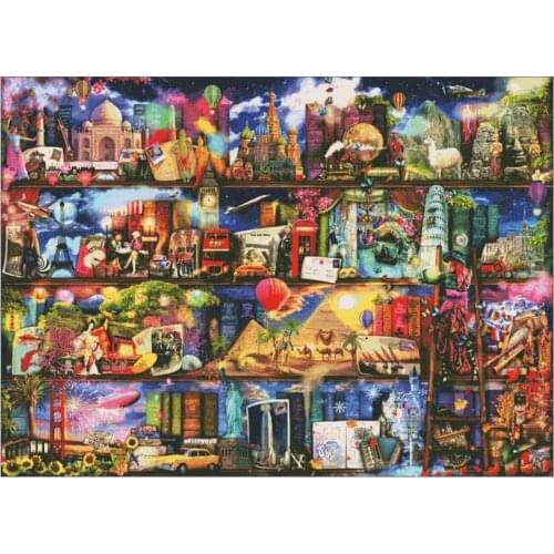 Fashion Embroidery World Travel Book Shelf Counted Cross Stitch Dimensions with 100% Cotton Floss & Free Shipping for Wall Decor