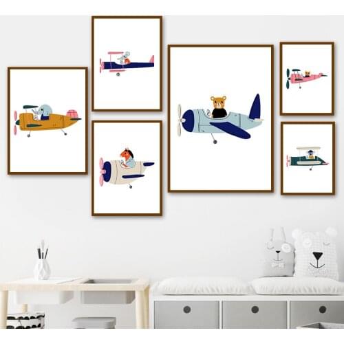 Cartoon Bear Monkey Elephant Horse Cat Aircraft Wall Art Canvas Painting Nordic Posters And Prints Wall Pictures Baby Room Decor