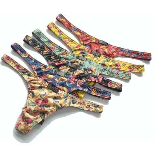 6Pcs/Lot Mens Thong Underwear Sexy Milk Silk Ginkgo Leaf Print U-convex Pouch Men Thongs & G Strings Tangas Hombre Ropa Interior