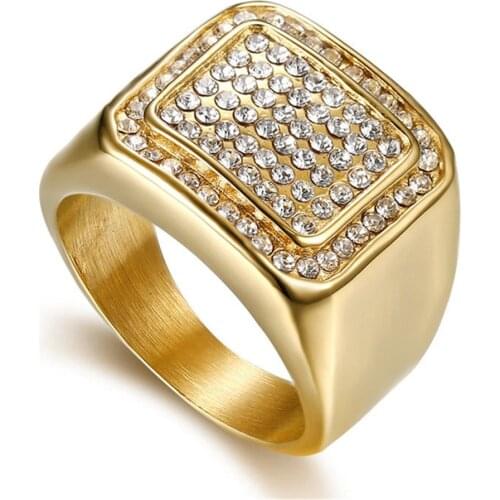 Rhinestone Square Ring Gold Color Stainless Steel Iced Out Bling Rings For Man Hip Hop Party Fashion Jewelry Gift Dropshipping