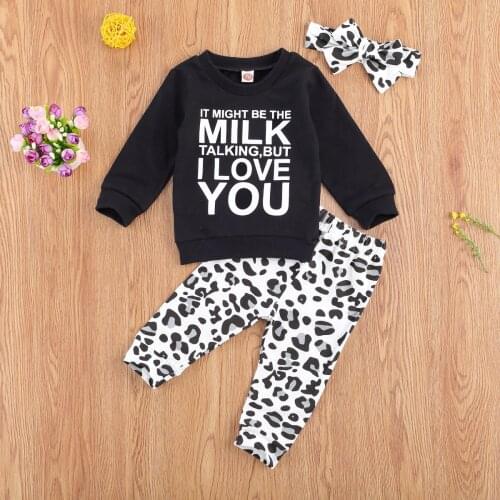 Emmababy Newborn Baby Clothes Long Sleeve Letter Print O-Neck Pullover Sweatshirt Leopard Print Long Pants Headband 3Pcs Outfits