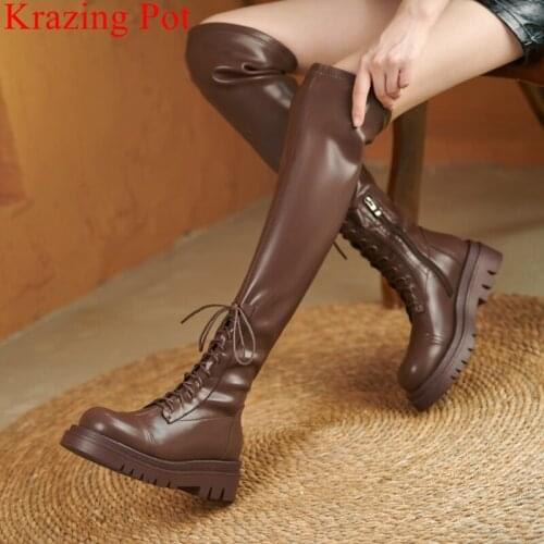 Krazing Pot big size microfiber platform stretch boots high heels round toe concise warm winter ins zipper over-the-knee boots
