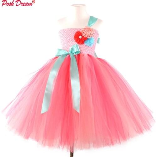 POSH DREAM Coral Pink Flower Children Girls Wedding Party Dresses For Birthday Tulle Handmade Toddler Baby Girls Tutu Dresses
