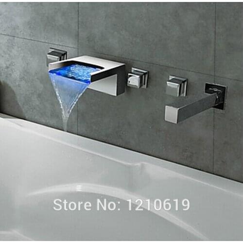US Free Shipping Wholesale And Retail 5Pcs Bathtub Waterfall Faucet Set Three Handles LED Color Changing Chrome Deck Mounted