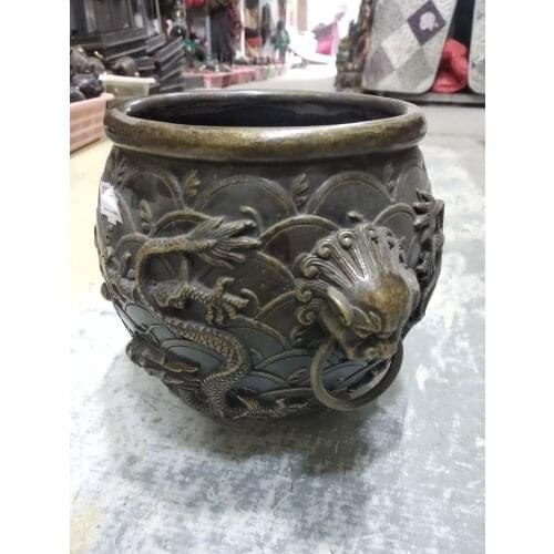 Old Pot Pure Copper Jar Vat Lion Lug Seas and Oceans Dragon Design Body Signed Lucky Churinga