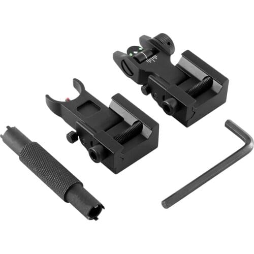 Tactical Iron Low Flip Up Front & Rear Sight Set Folding Battle with Fiber Optics Profile Quick Detach Fit Most Rifle Rail