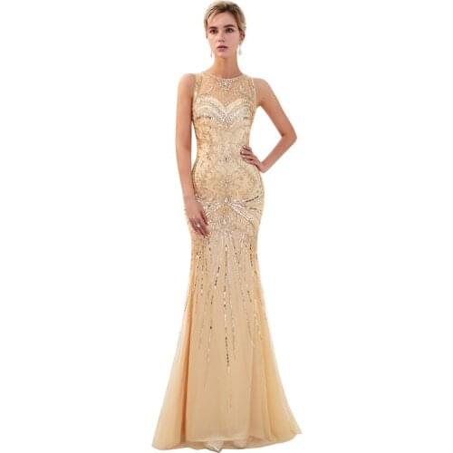 Tulle Beading Diamonds O-Neck Sleeveless Mermaid Trumpet Dresses Floor Length Party Dress Robe de soiree Vestido de noche