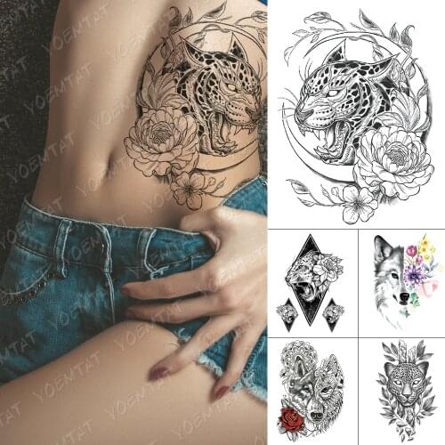 Waterproof Temporary Tattoo Stickers Leopard Tiger Lion Moon Flower Flash Tattoos Woman Body Art Minimal lines Fake Tatoo Men