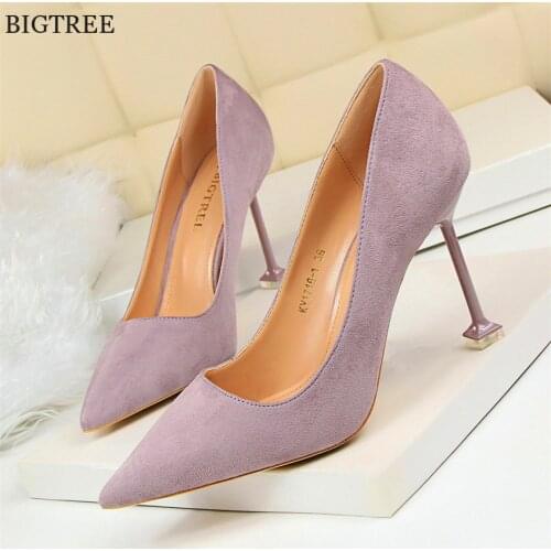 Womens High Heels Shoes 2021 New Autumn Show Thin Shallow Fashion Women Pumps 9 Colors Flock Pointed Woman Concise Office Shoes