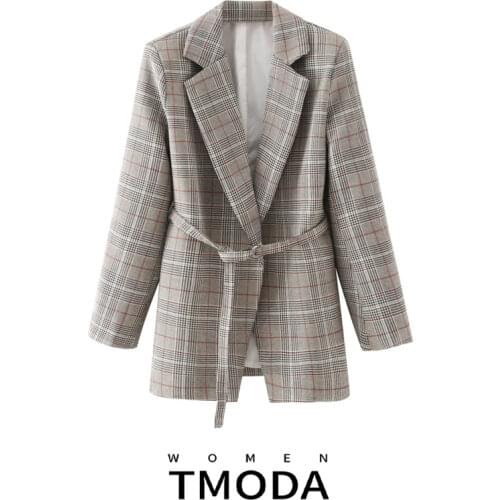 TMODA350 Vintage Stylish Office Wear Plaid Blazer Coat Women 2020 Fashion Long Sleeve with Belt Female Outerwear Chic Tops