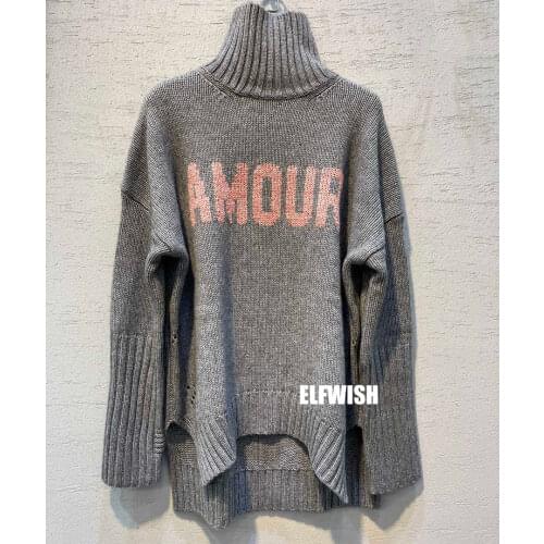 2022FW Woman GREY Turtle Neck High Oversized WOOL Cashmere Sweater Front AMOUR Embroidered Drop Shoulder Long Sleeves Jumpers