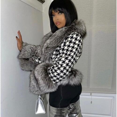 2020 Winter Women Houndstooth Coats With Natural Fox Fur Sleeves and Collar Cashmere Wool Blends Outerwear Ladies Streetwear