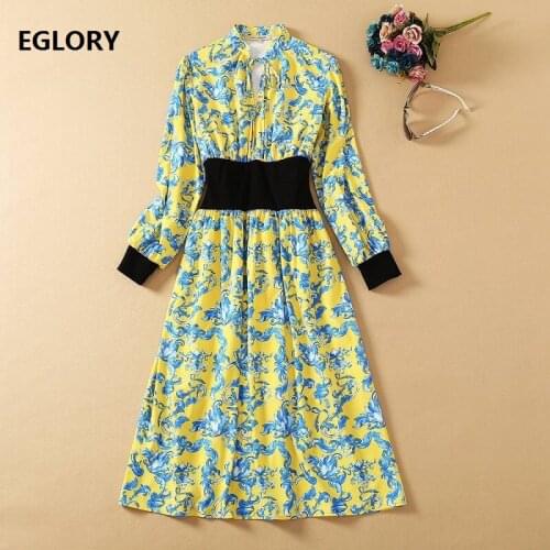 New 2021 Spring Fashion Style Dress Women Runway Print Elastic Waist Long Sleeve Mid-Calf Length Casual Yellow Dress Tunic Party