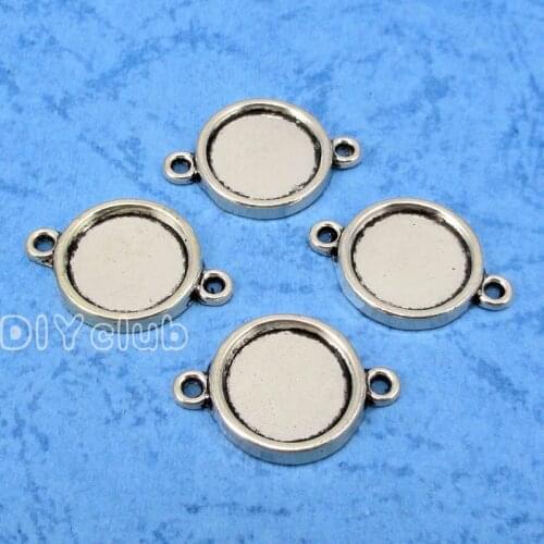 100pcs--Antique Silver Round Cameo Cabochon Base Setting Connector Charms, inner 10mm