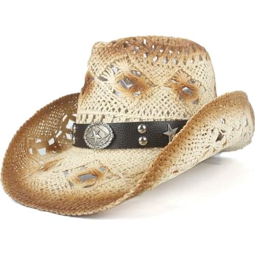2019 SummerWomen Men Straw Hollow Western Cowboy Hat With Punk BrandSombrero Hombre Beach Cowgirl Jazz Sun Hat Size 56-58CM