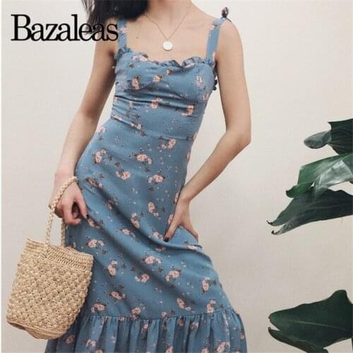 Bazaleas Ties Slip slash neck Dresses Brand Blue Flora blue Print Dress Spaghetti Strap Seams DRESSES drop shipping