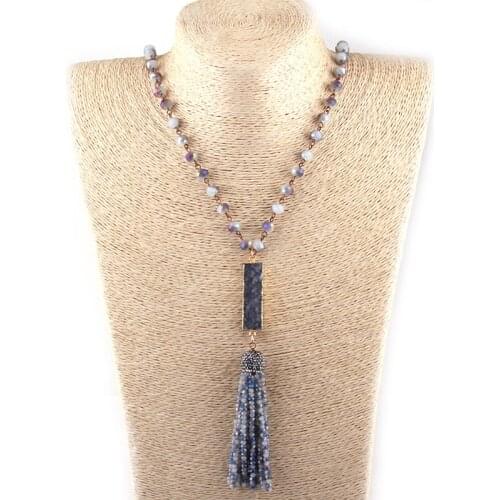 Free Shipping Fashion Bohemian Tribal Jewelry Glass Rosary Chain Rectangle Druzy Link Crystal Tassel Necklaces Ethnic Necklace