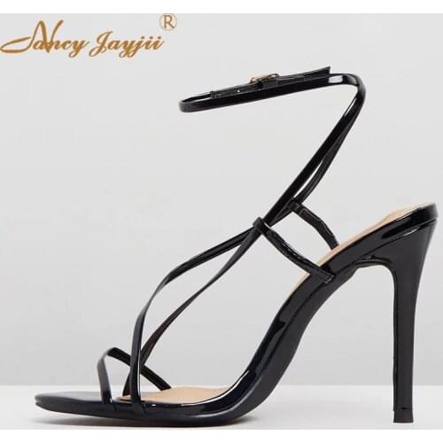 Female Shoes Woman Ladies Sandals Black Solid Ankle-Wrap Buckle Super High thin heels Basic Mature Elegant 2019 Patent Leather