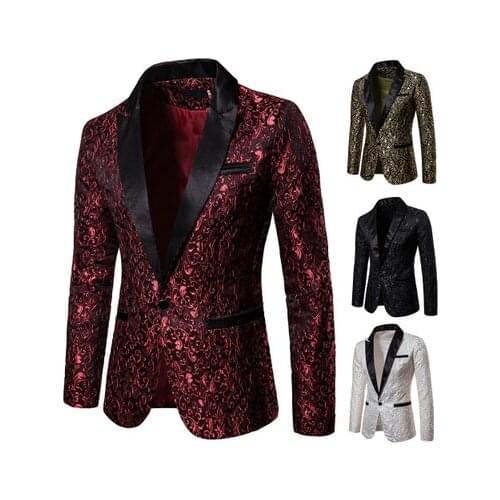 2020 Brand Burgundy Jacquard Blazer for Men Fashion Floral Suit Jacket Formal Slim Fit Graduation Party Prom Male Coat Clothing